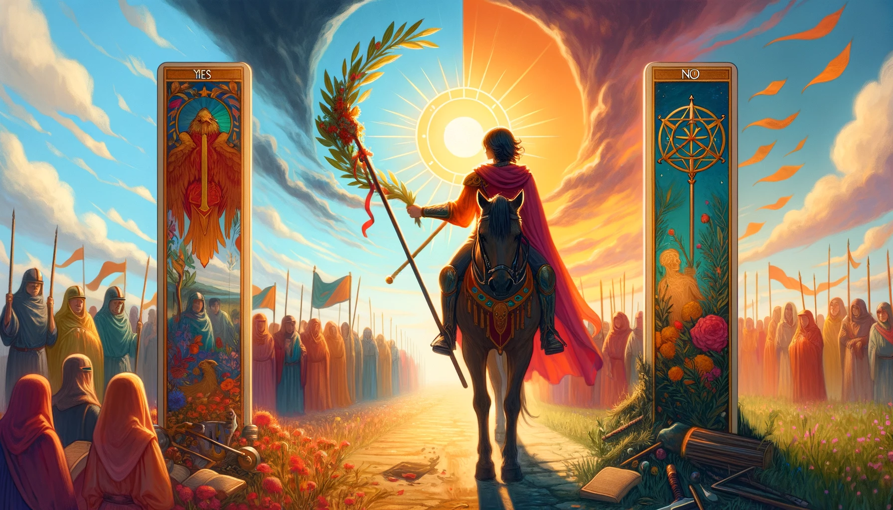 A visual representation showcasing the symbolism of success, recognition, and achievement in tarot readings. One side depicts a figure basking in victory and acclaim amidst a vibrant celebration, while the other reflects setbacks and the potential for growth, set against contrasting backdrops transitioning from vibrant celebration to contemplative introspection, symbolizing the dual nature of tarot answers.