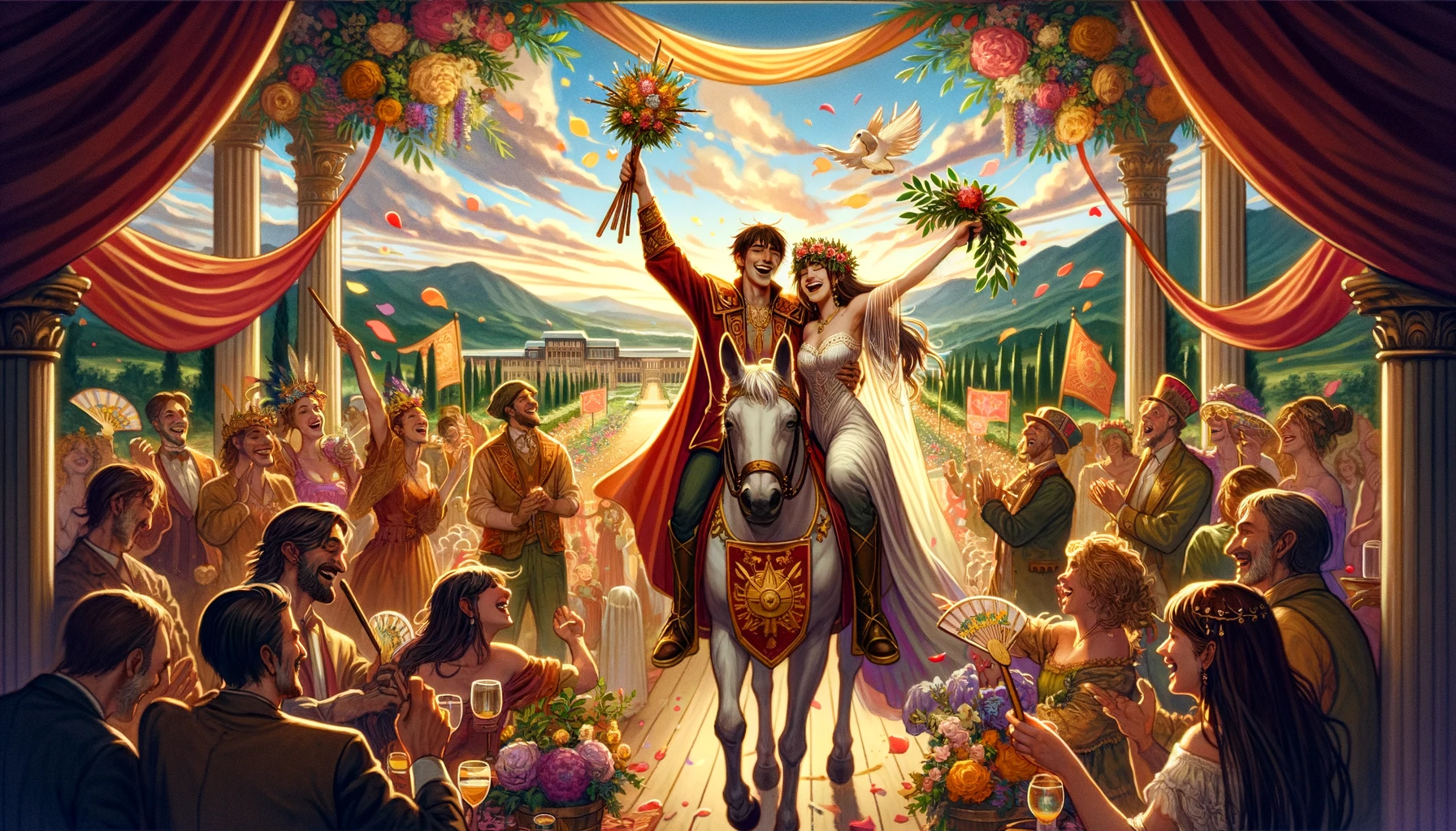 An illustration portraying themes of victory, recognition, and the celebration of love's triumphs. The image features a joyful couple being celebrated and cheered by their supportive community, symbolizing the success and acknowledgment of their relationship. Set against a backdrop evoking joy, fulfillment, and a bright future, it captures the essence of love's triumphs and communal support.