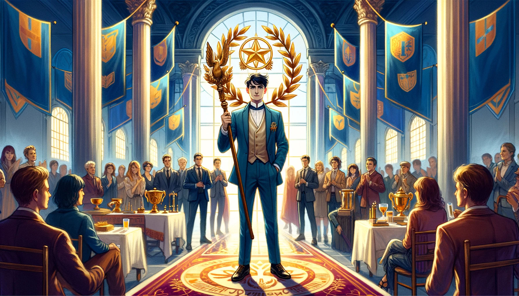 An illustration depicting an individual embodying victory, recognition, and leadership. The person is portrayed as a celebrated leader and influencer, surrounded by symbols of success and celebration. The scene emphasizes personal triumph, admiration from peers, and the rewards of perseverance and hard work.