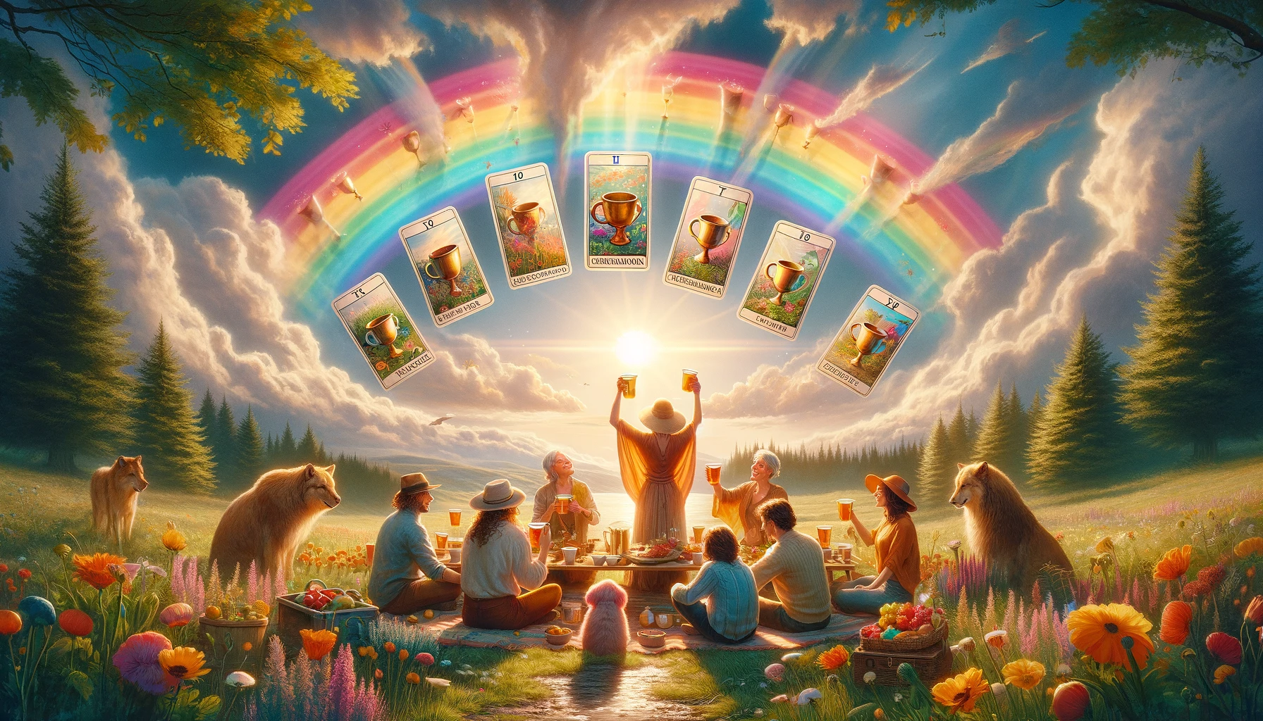 "Illustration depicting a blissful and harmonious family or community gathering under a vibrant rainbow, symbolizing the ultimate realization of happiness, emotional fulfillment, and contentment in relationships."