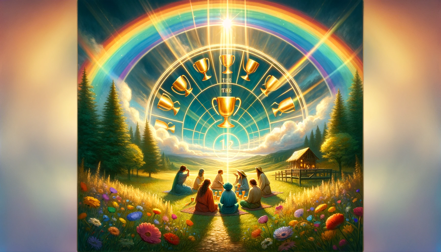 "Illustration depicting profound emotional fulfillment and happiness within relationships, shown through a harmonious gathering under a radiant rainbow, symbolizing celebratory and heartwarming essence."
