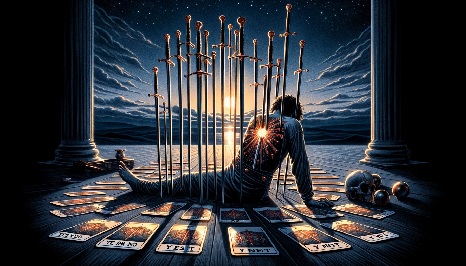 "The illustration depicts a scene of conclusion and transition, with a figure lying defeated amidst ten swords, symbolizing betrayal and the end of a challenging cycle, yet hinting at the potential for renewal and growth amid adversity."