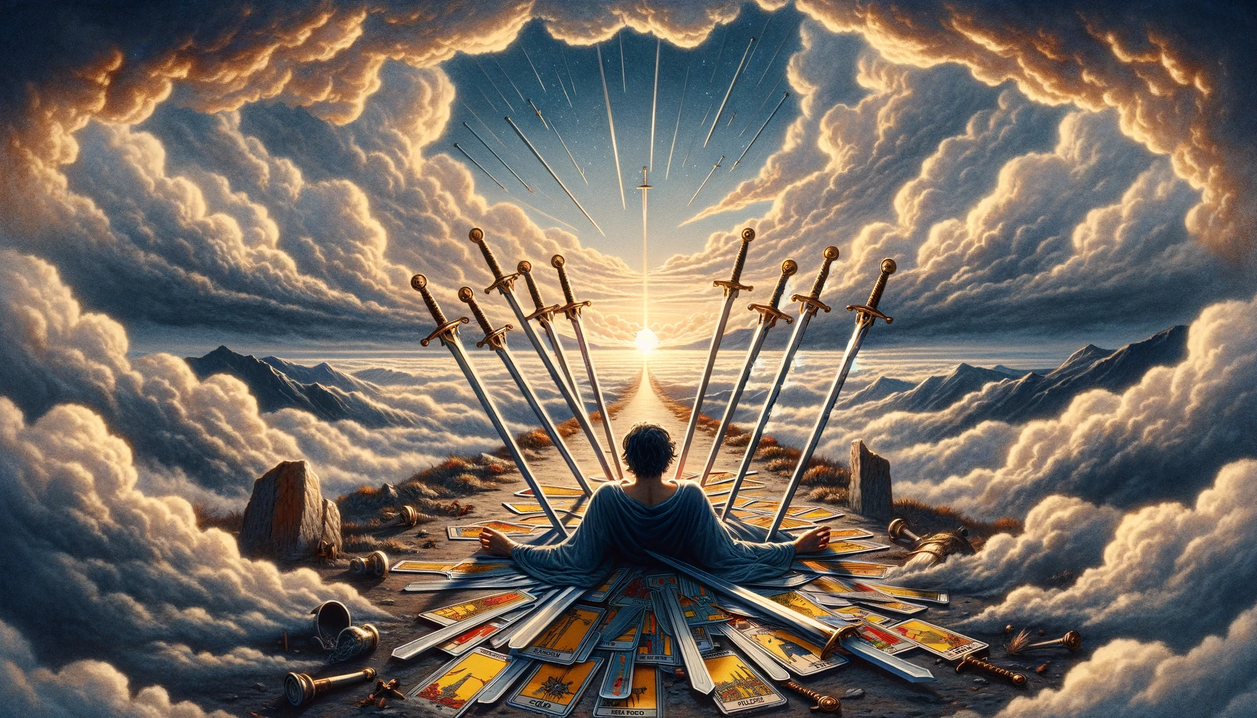 "The illustration portrays a figure standing amidst ten swords, signifying the acceptance of the end of a challenging cycle and the readiness for new beginnings. With their gaze directed towards the horizon, it symbolizes hope, renewal, and the courage to embrace the possibilities of the future."