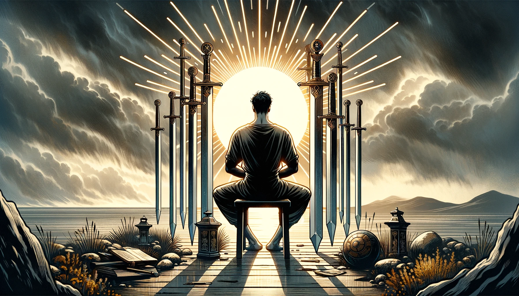 "The image features a person lying on the ground, surrounded by swords, indicating betrayal and loss, yet with the rising sun hinting at hope, renewal, and the potential for new beginnings amidst the desolate landscape."