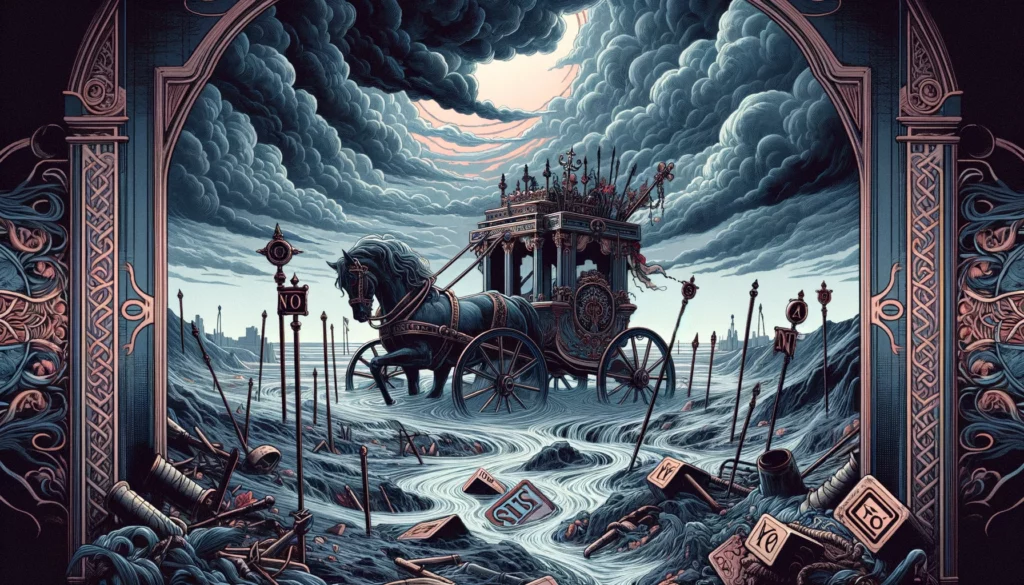  "Chariot stalled amidst obstacles against a challenging landscape, symbolizing a 'No' outcome where ambition encounters setbacks, conveyed through dark blues, grays, and hints of red, evoking a mood of caution and reflection."