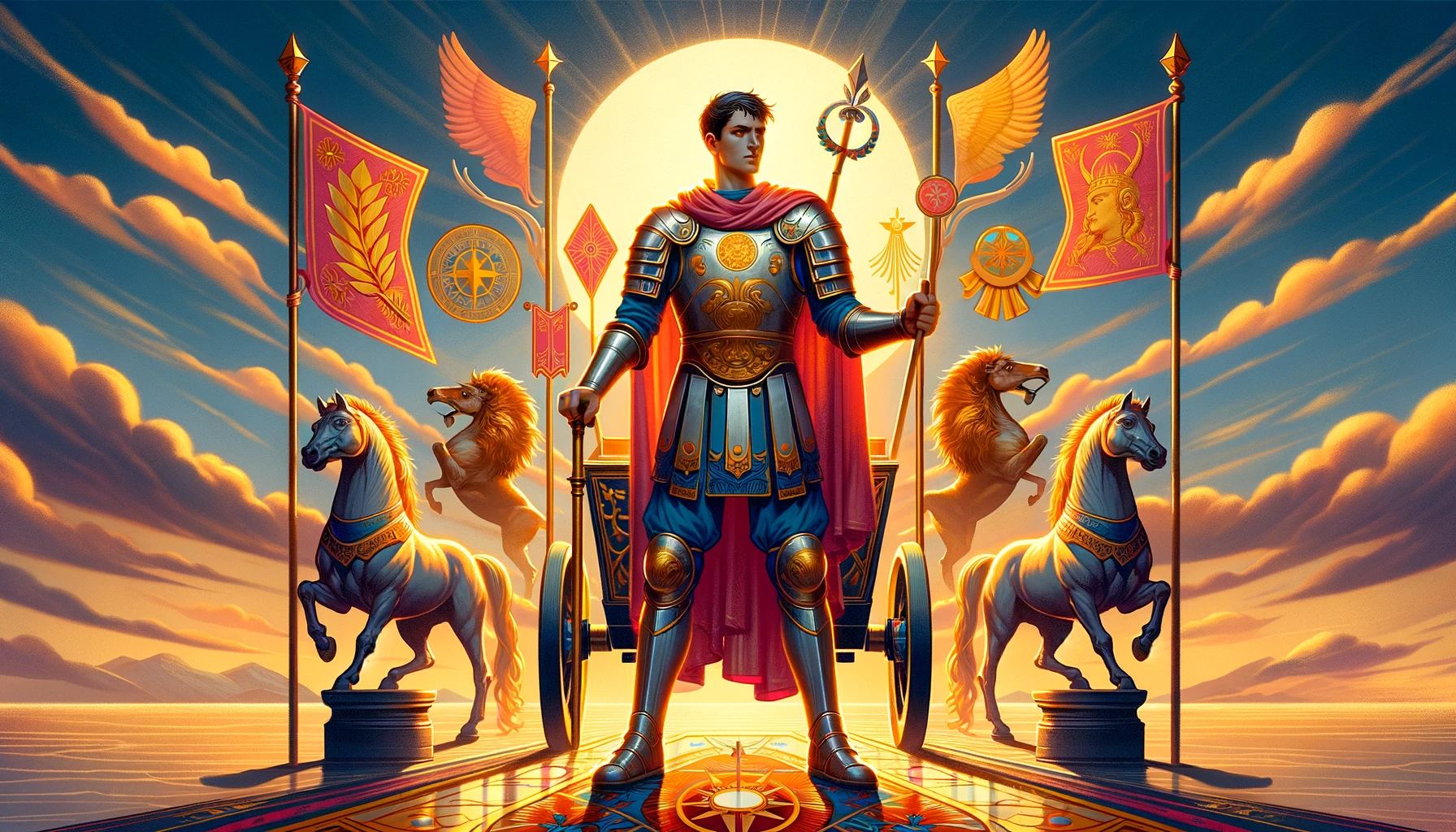 "Confident figure of The Chariot surrounded by symbols of victory and ambition. Bold reds, golds, and blues convey empowerment, triumph, strength, courage, and glory associated with The Chariot card."