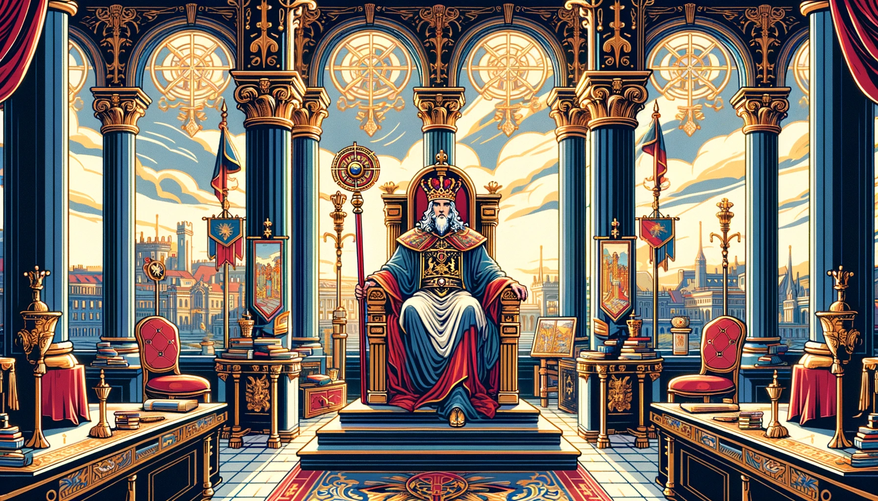 "A depiction of leadership and governance with a solid throne and scepter, set in a stable and secure environment, emphasizing the power and confidence associated with The Emperor card."