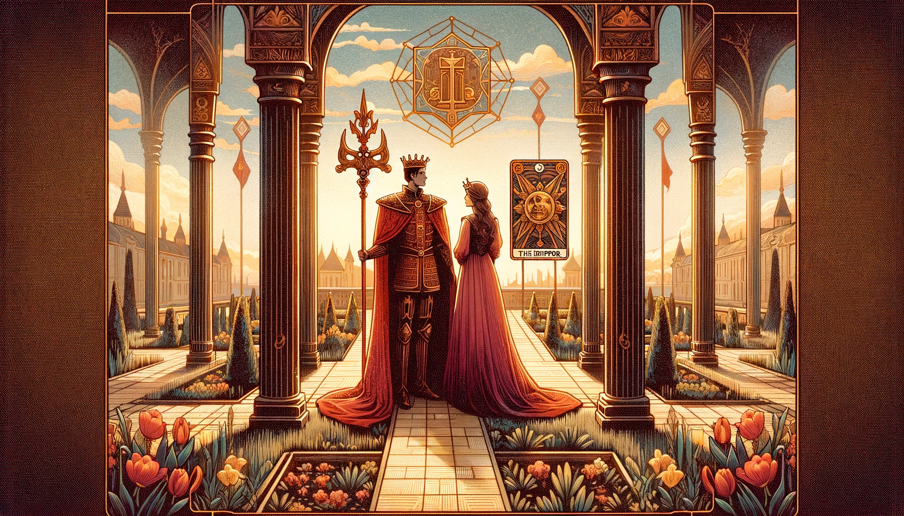 "A confident couple standing together in a structured and secure environment, symbolizing the solid foundation of their relationship, with subtle incorporations of imperial figures or symbols of authority in the background to emphasize the theme of leadership and structure in love."