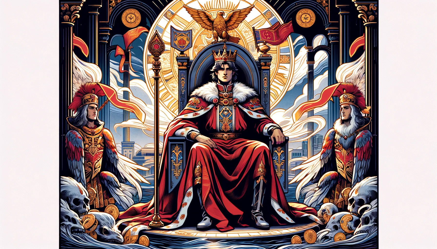 "A commanding figure, possibly seated on a throne, embodying The Emperor's energy with strength, decisiveness, and a protective nature, surrounded by symbols of power reflecting the card's themes of authority and governance."