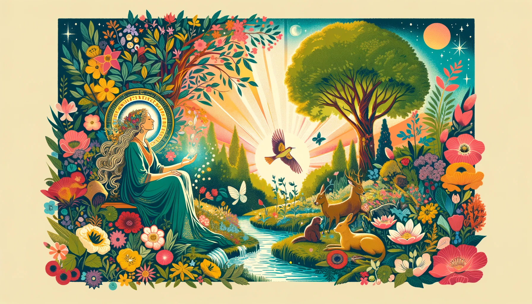 "An illustration representing the nurturing spirit of The Empress, evoking emotions of growth, care, and creative expression. The image features a serene figure surrounded by lush greenery, blooming flowers, and ripe fruits, symbolizing a deep connection to nature and the nurturing of life."