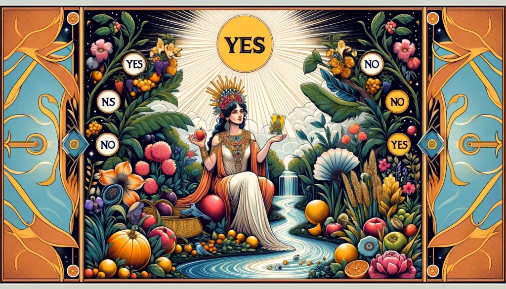 "A depiction of The Empress in decision-making scenarios, suitable for an article about interpreting the card's yes or no answer in various situations. The image showcases a figure in contemplation, surrounded by symbols of abundance and fertility, suggesting a positive affirmation or nurturing approach to decision-making."




