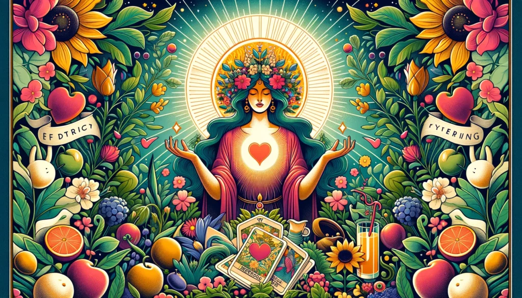 "An illustration symbolizing unconditional love, creativity, and the nurturing of emotional bonds, ideal for an article discussing the interpretation of The Empress card's significance in relation to feelings. The image depicts a figure surrounded by blooming flowers, ripe fruits, and lush greenery, evoking a sense of warmth, care, and connection."




