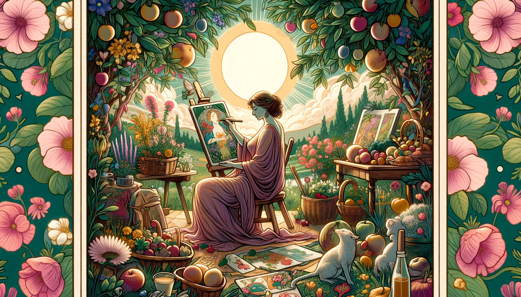 "A serene scene featuring blooming flowers, ripe fruits, and lush greenery, highlighting the connection to nature and nurturing aspects. The central figure radiates calm, strength, and maternal energy. The rich and warm color palette enhances the life-giving and creative essence of The Empress."