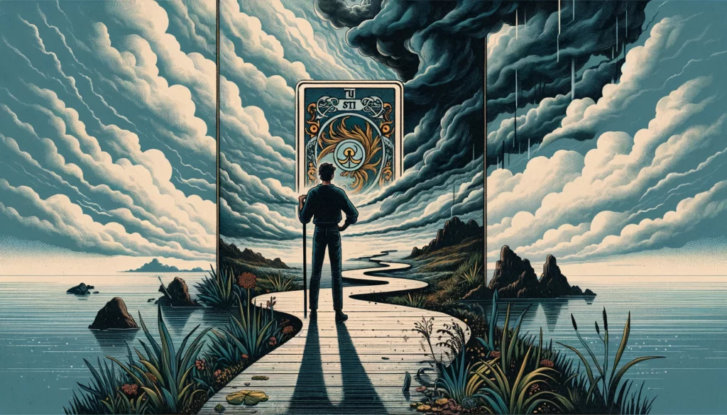  "An illustration representing the interpretation of 'The Fool' Tarot card's feelings in its reversed position, featuring a hesitant figure standing at the edge of a cliff, looking apprehensive and uncertain, symbolizing feelings of hesitation, fear, and being unprepared for new emotional journeys, evoking emotions of caution, anxiety, and the sense of being overwhelmed by the unknown."