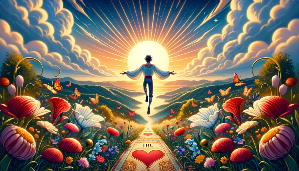  "Illustration depicting a person taking a leap of faith into a vibrant, open landscape, symbolizing the excitement and openness to new romantic adventures, against a backdrop of sunny skies and lush greenery, evoking the themes of new beginnings and the exhilarating unknown in love."