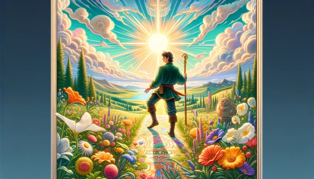  "An illustration representing the interpretation of 'The Fool' Tarot card's feelings in its upright position, featuring a figure filled with joy and excitement, standing at the edge of a cliff overlooking a vibrant landscape, symbolizing the innocence and eagerness of starting a new emotional journey, evoking emotions of anticipation, adventure, and the thrill of discovery."





