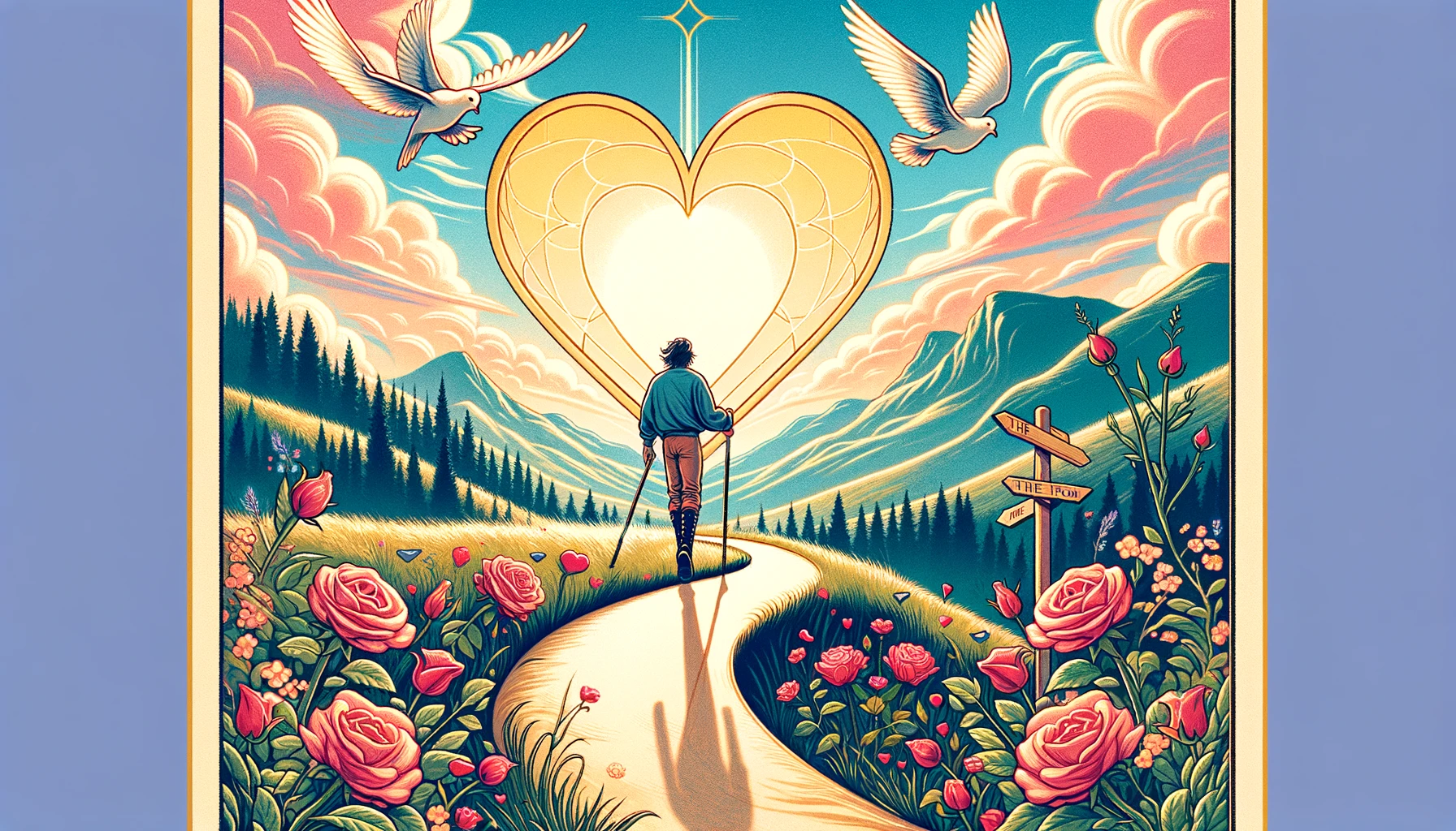 "Illustration featuring a person joyfully stepping forward with arms outstretched, symbolizing the freedom and spontaneity of new beginnings in love, against a backdrop of sunny skies and open landscape, evoking the sense of embarking on a joyful new journey."