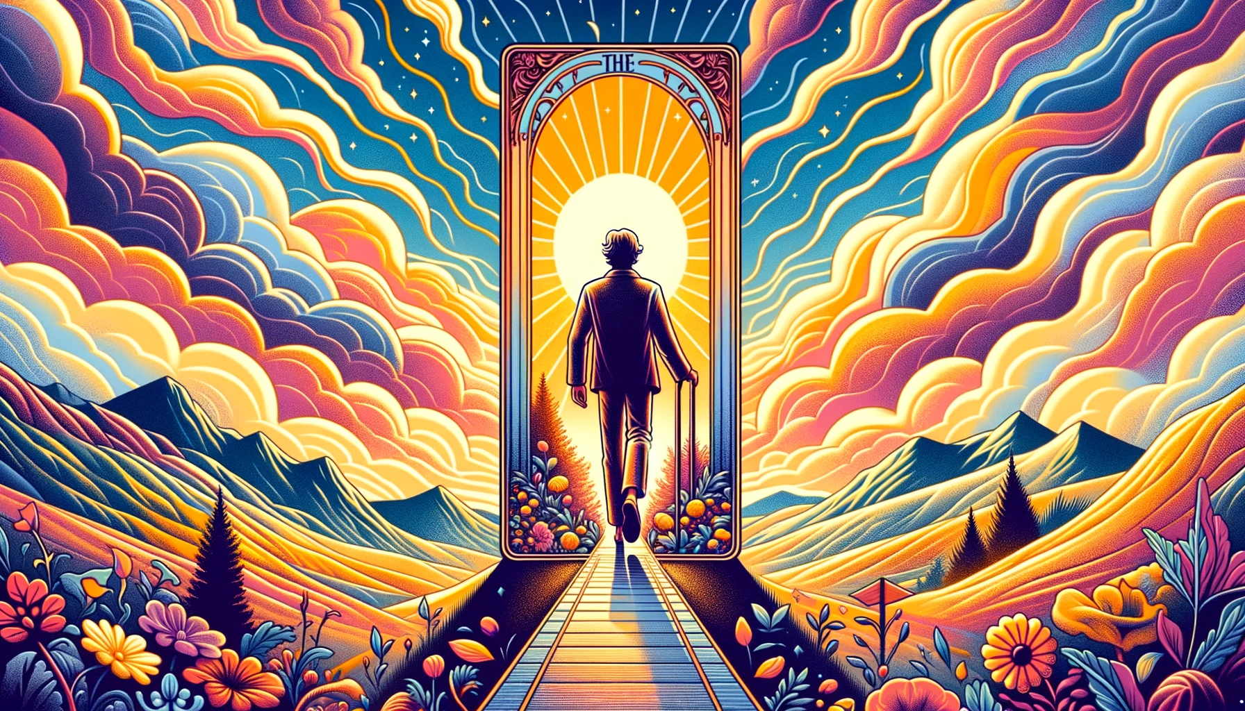 "An illustration representing the interpretation of 'The Fool' Tarot card's meaning in terms of feelings, featuring a figure embarking on a journey with a sense of excitement and curiosity, surrounded by symbols of adventure and exploration, evoking emotions of eagerness, openness, and the thrill of discovery."