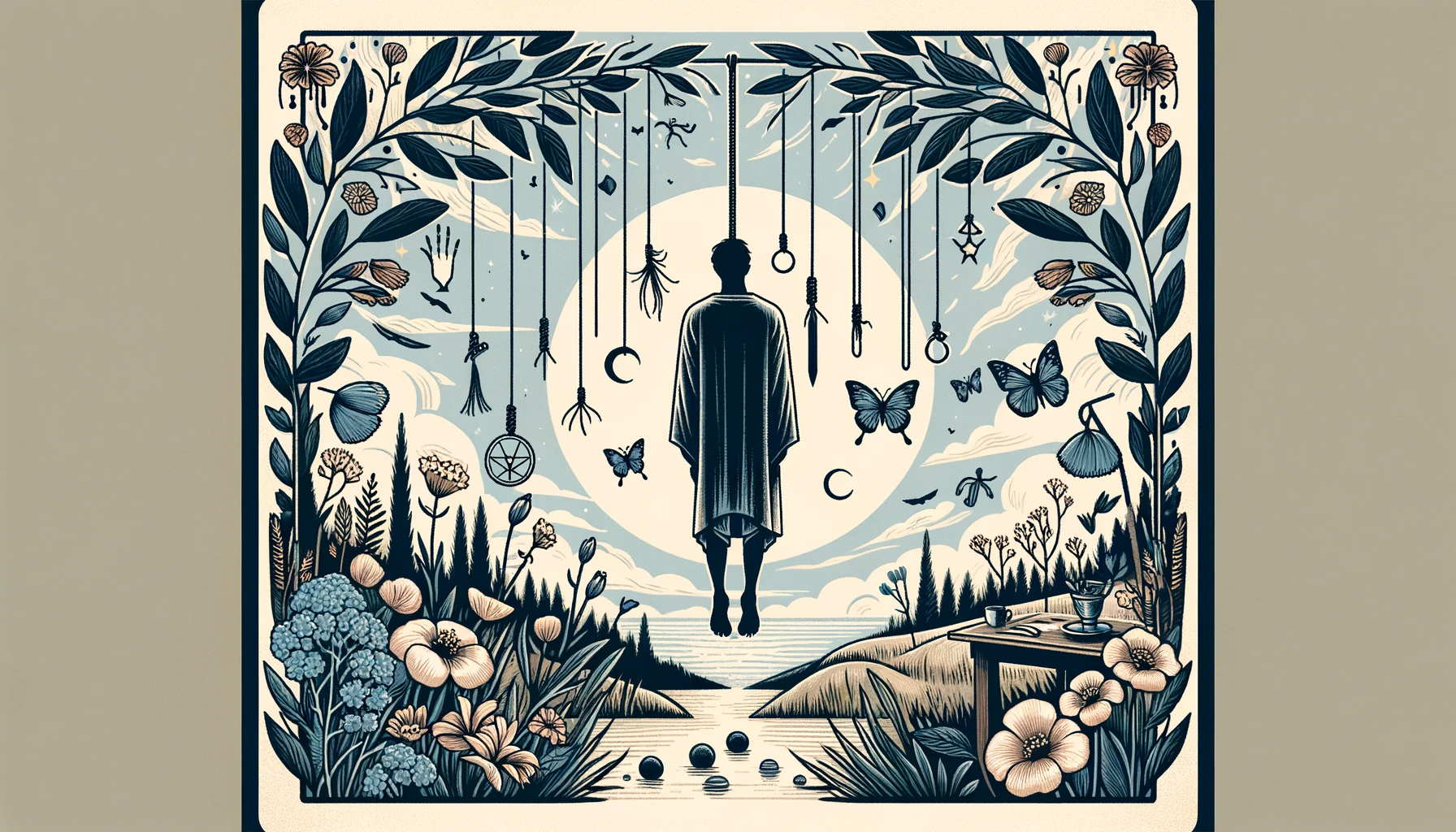 "Illustration representing introspection, sacrifice, and a new perspective, setting a serene and insightful tone for your article on interpreting 'The Hanged Man' as representing a person."