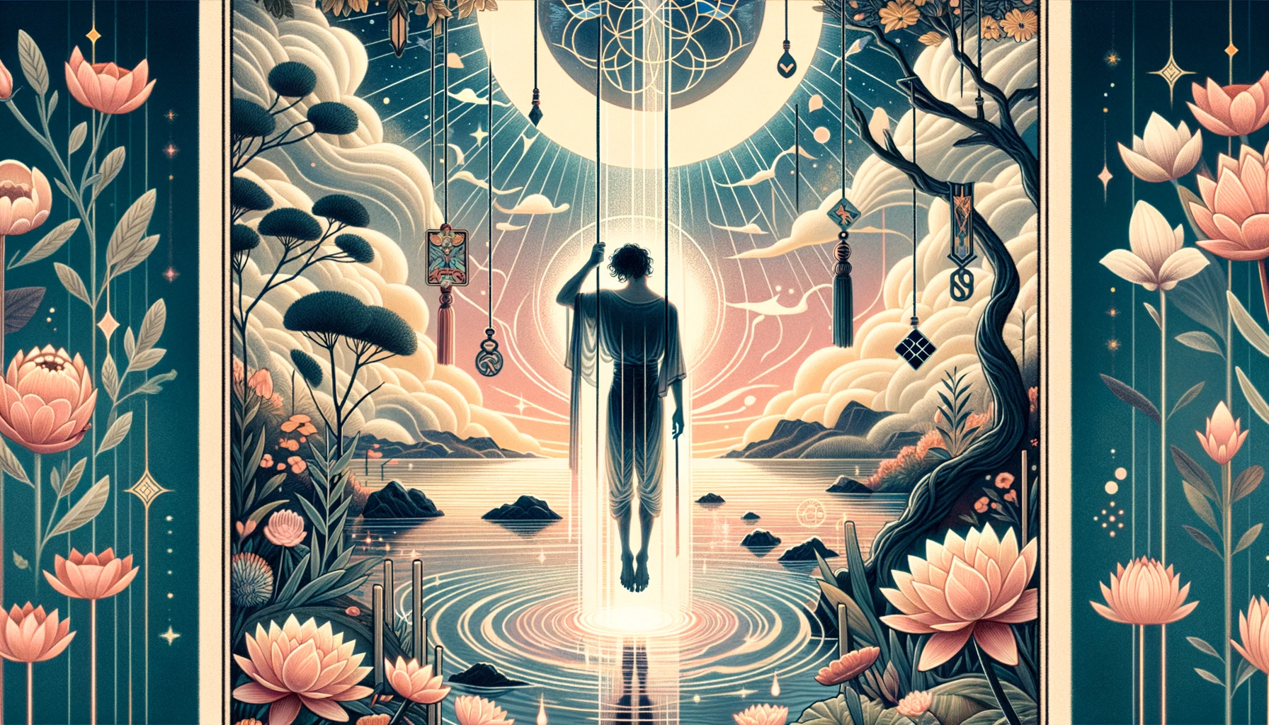 "Illustration featuring a serene figure suspended upside down, suggesting introspection and anticipation of enlightenment. It sets a serene and insightful tone for your article discussing the complexities of 'The Hanged Man' card."