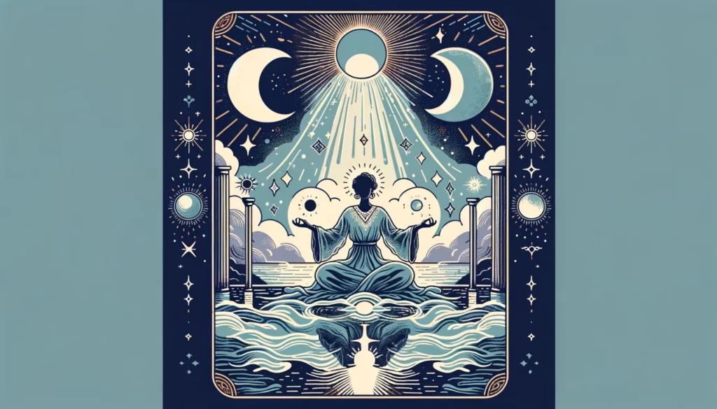 "Illustration highlighting the positive aspects of profound intuition, spiritual insight, and a deep connection to the inner self and the mysteries of the universe, reflective of 'The High Priestess' Tarot card."