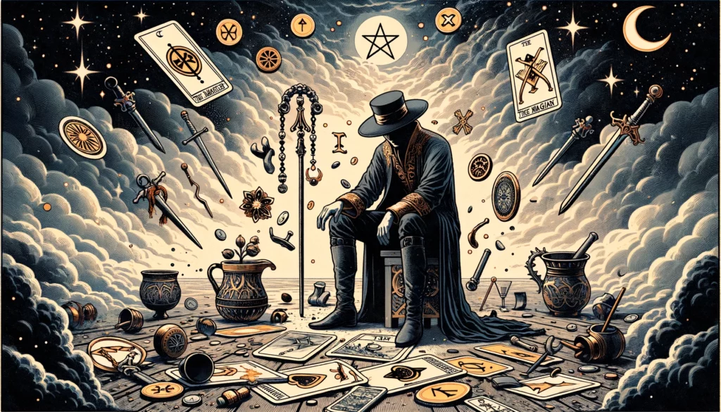  "Illustration depicting 'The Magician' Tarot card in reverse, showing a figure surrounded by symbols of