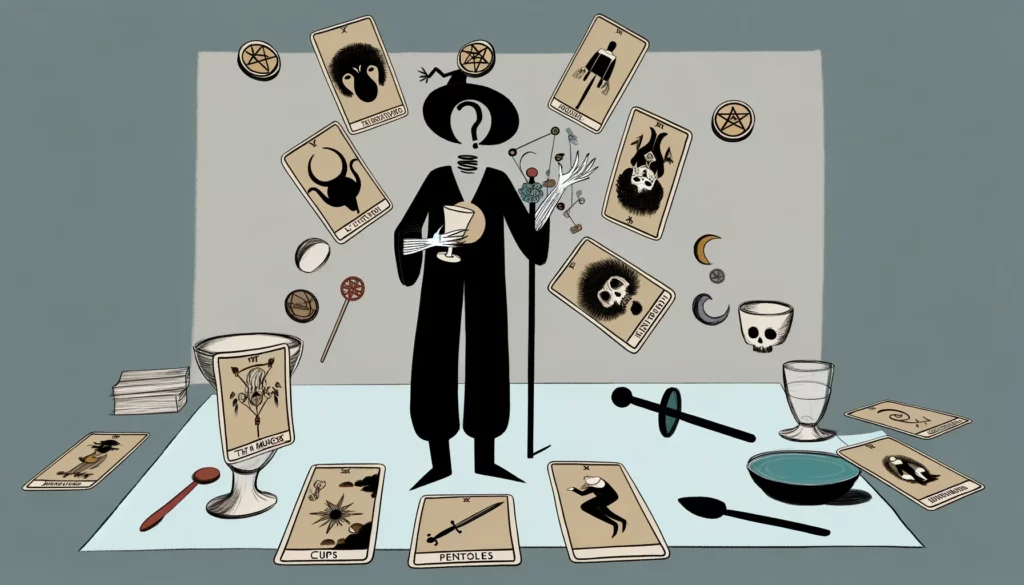 "Illustration depicting the challenging aspects of confusion, misuse of power, and the feeling of being disconnected from one's true potential, as represented by 'The Magician' Tarot card in its reversed position."