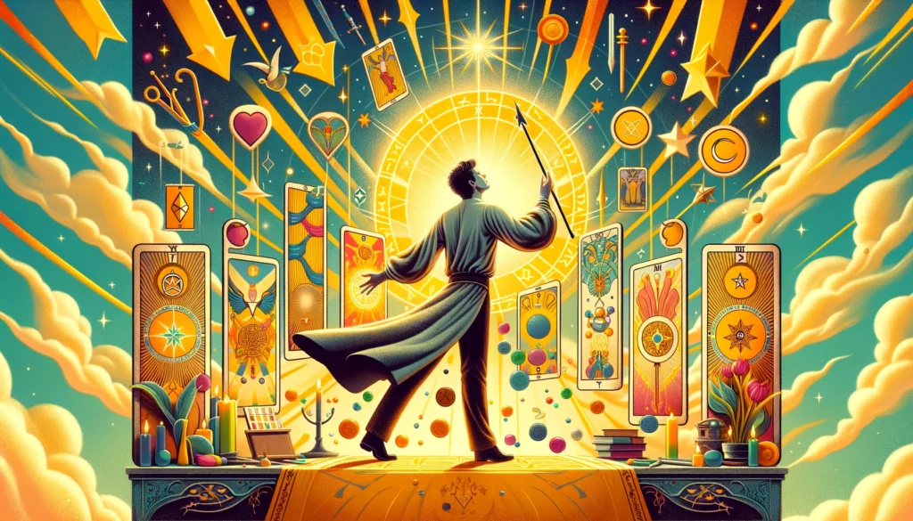 "Illustration showcasing 'The Magician' Tarot card, depicting a figure in a confident pose, surrounded by symbols of creativity and power, reflecting the theme of initiation, mastery, and the ability to manifest desires into reality."