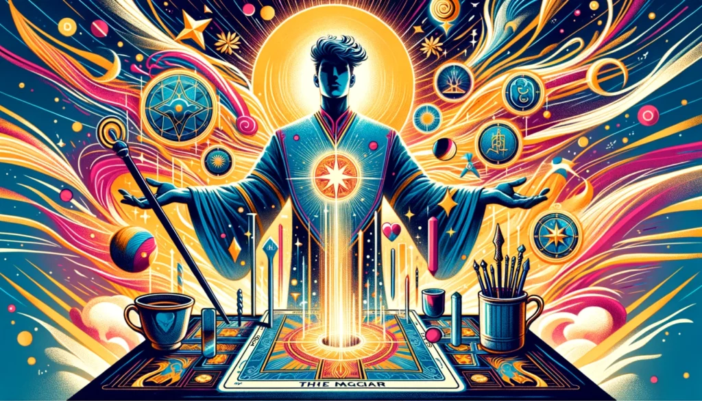  "An illustration representing the concept of manifestation and mastery, featuring 'The Magician' Tarot card with a figure holding a wand aloft, surrounded by symbols of the elements and various tools on a table, conveying the realization of potential and the ability to manifest desired outcomes."





