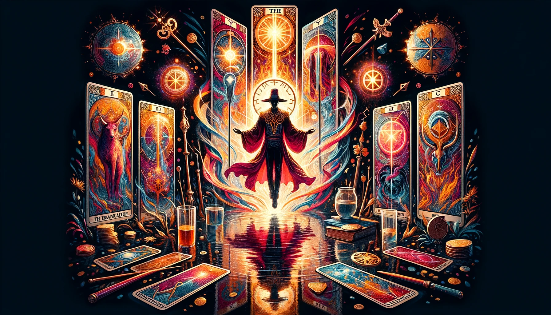 "Illustration portraying 'The Magician' Tarot card, featuring a figure in a moment of transformation and empowerment, surrounded by symbols of personal power and emotional dynamism."