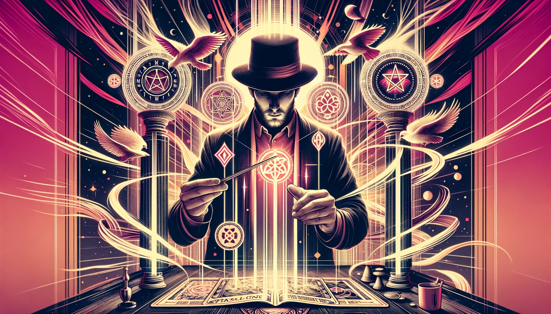 "An illustration representing the concept of manifestation and control, featuring 'The Magician' Tarot card with a figure holding a wand and pointing towards the sky, surrounded by symbols of the elements and various tools on a table, conveying the aspiration to harness skills and resources to achieve specific goals or dreams."