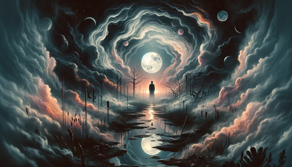 "Image symbolizing confusion, fear, and the journey to confront inner illusions with 'The Moon' Tarot card in reversed position. Sets an introspective tone for your article, discussing the inner journey of individuals and the quest for true inner clarity."