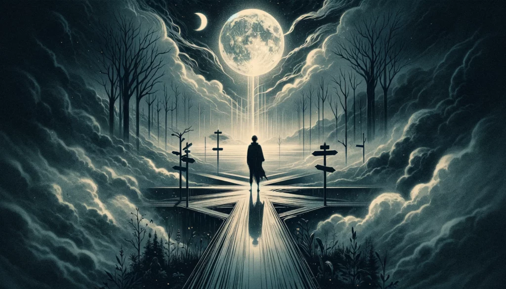  "Illustration depicting themes of confusion, deception, and the challenge of overcoming self-doubt and fear with 'The Moon' Tarot card in its reversed position. Sets an introspective tone for your article on pursuing truth and finding clarity through complex emotional and psychological landscapes."