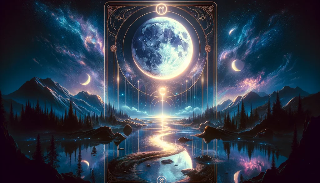 "Illustration depicting the journey of self-discovery, revealing hidden truths, and exploring subconscious influences with 'The Moon' Tarot card. Sets a mysterious and introspective tone for your article on navigating complexity, highlighting the quest for clarity and understanding in uncertain situations."
