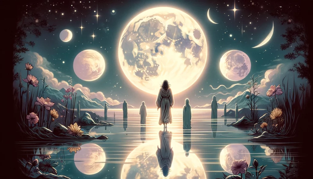  "Illustration depicting the journey of understanding and embracing emotions with 'The Moon' Tarot card. Sets a serene and introspective tone for your article, highlighting intuition, subconscious exploration, and emotional depth."
