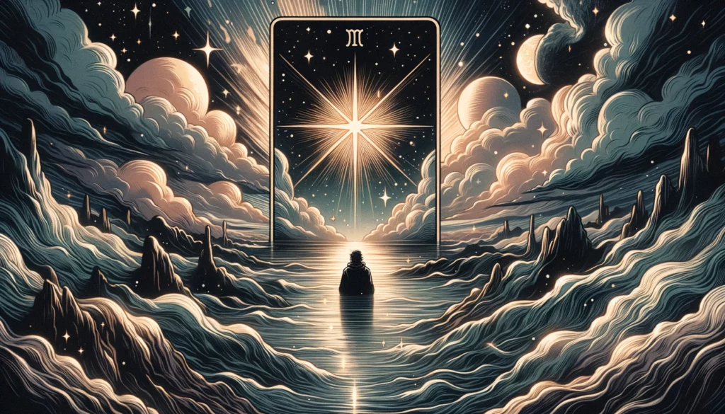  "Illustration conveying themes of lost hope, disillusionment, and the struggle to find inner peace and clarity. It sets a contemplative tone for your article discussing 'The Star' Tarot card in its reversed position, highlighting the search for meaning and the potential for rediscovery and healing amidst adversity."