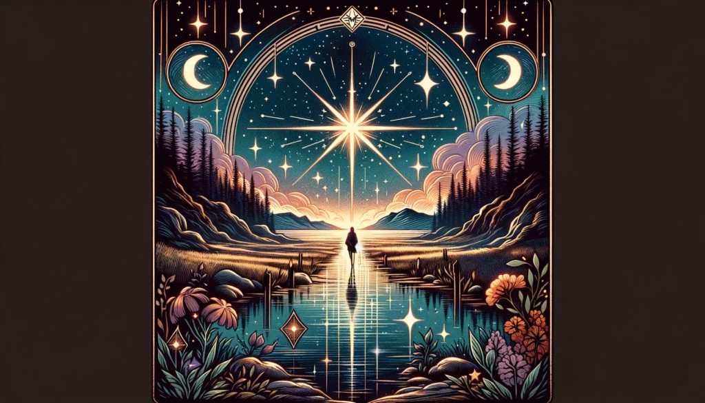 "Illustration representing the journey towards healing, renewal, and finding one's true path, setting a serene and optimistic tone for your article discussing 'The Star' as a situational aspect of life. It highlights the potential for transformation and the guiding influence of hope and inspiration."