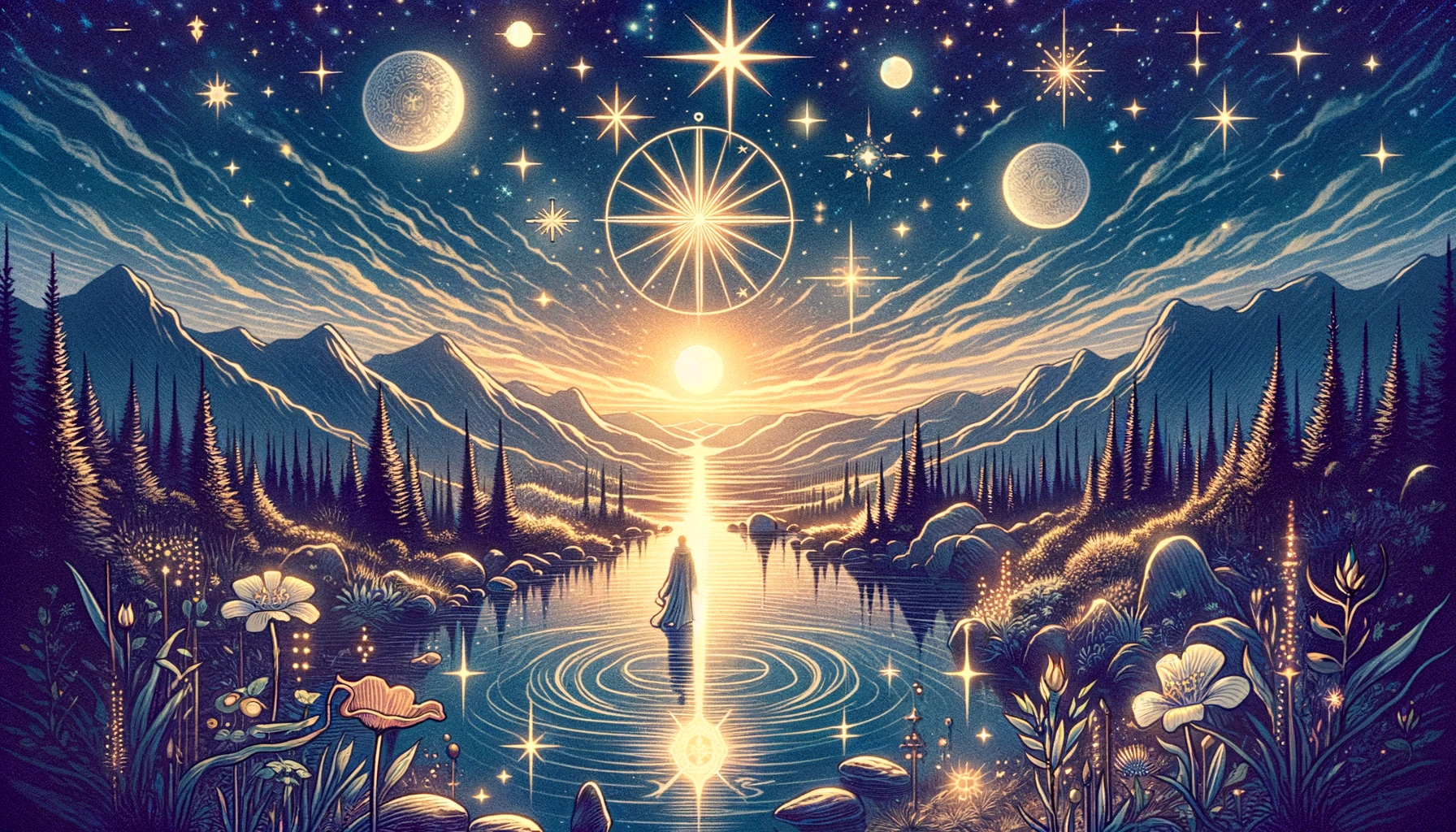 "Depiction of navigating through a period of healing and growth with themes of hope, inspiration, and the search for spiritual clarity, setting an engaging and optimistic tone for your article discussing 'The Star' as representing a situational aspect of life, highlighting the potential for positive change."