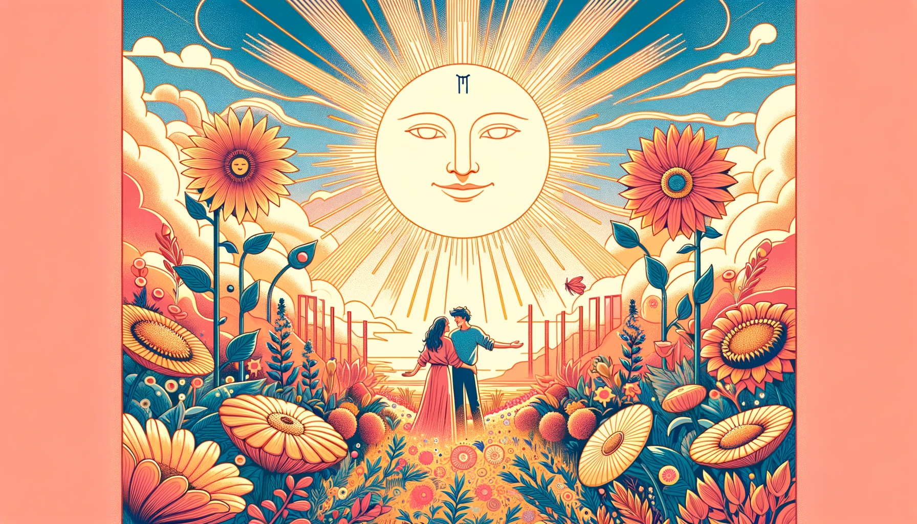 "Illustration symbolizing joy, success, and blossoming love with 'The Sun' Tarot card. Sets a radiant tone for your article, discussing positive outcomes in love, highlighting fulfillment, happiness, and the celebration of harmonious relationships."