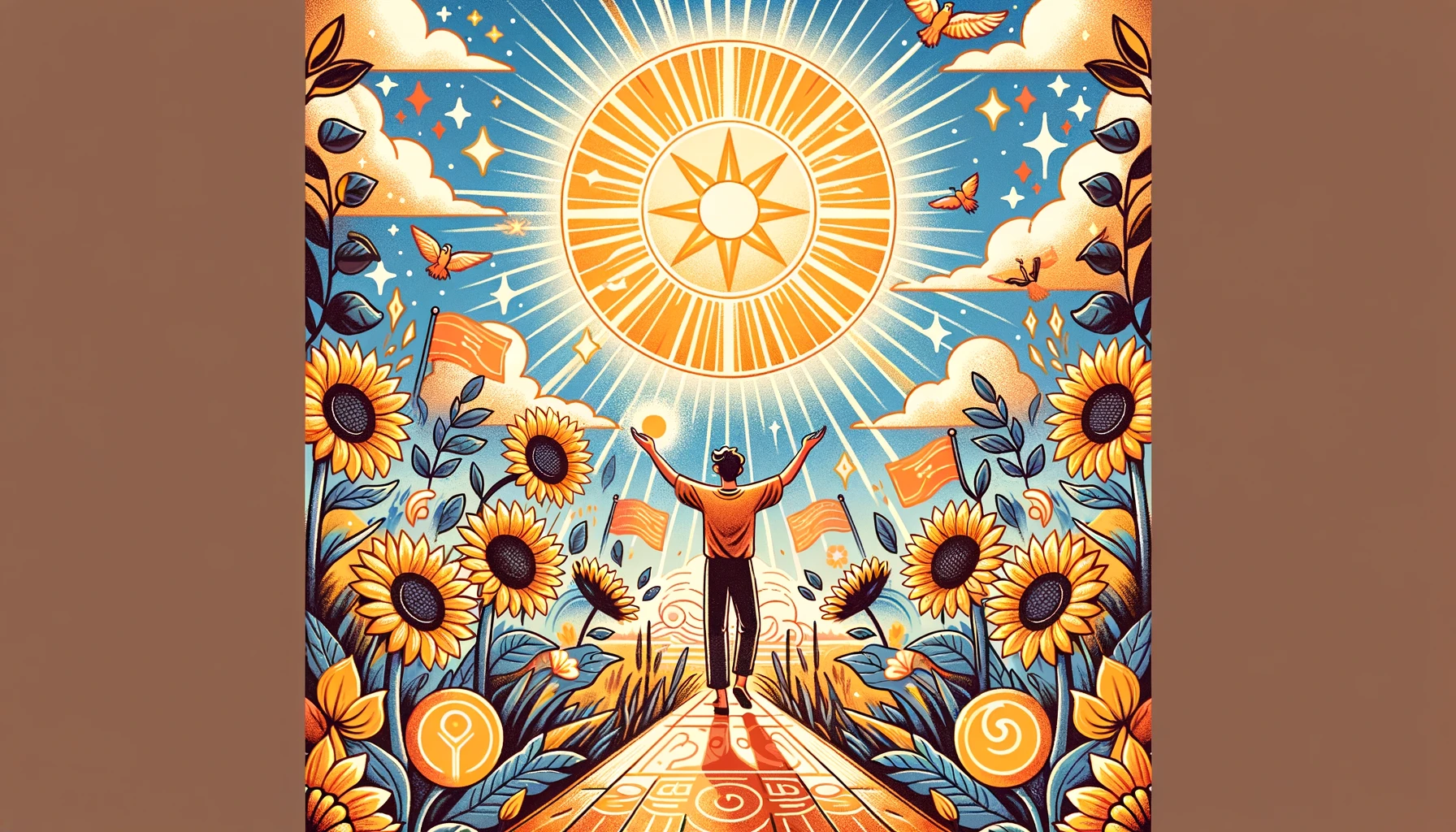 "Illustration portraying vitality, positivity, and radiance associated with 'The Sun' Tarot card. Sets a vibrant and life-affirming tone for your article discussing its representation of character traits, including joy, creativity, and positive thinking."