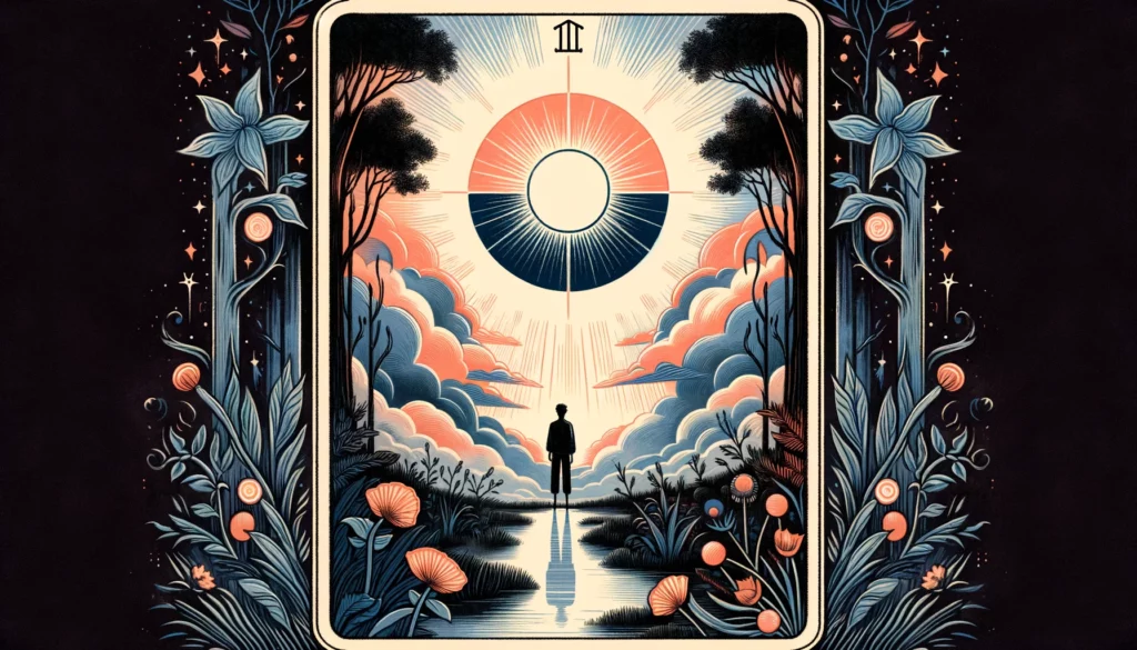  "Illustration depicting themes of temporary setbacks and obscured clarity with 'The Sun' Tarot card in its reversed position. Sets a hopeful tone for your article, highlighting the journey through setbacks towards eventual clarity and joy, emphasizing growth and happiness amidst difficulties."