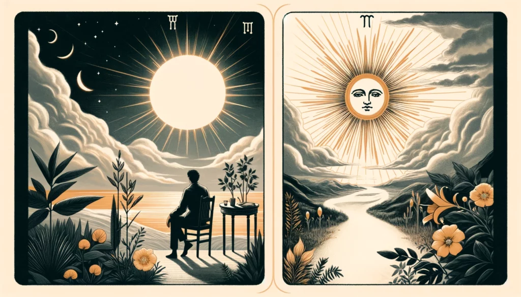"Illustration reflecting themes of unfulfilled potential, lack of clarity, and the journey towards self-realization associated with 'The Sun' Tarot card in its reversed position. Sets a reflective yet hopeful tone for discussing the quest for inner growth and rediscovery of happiness."





