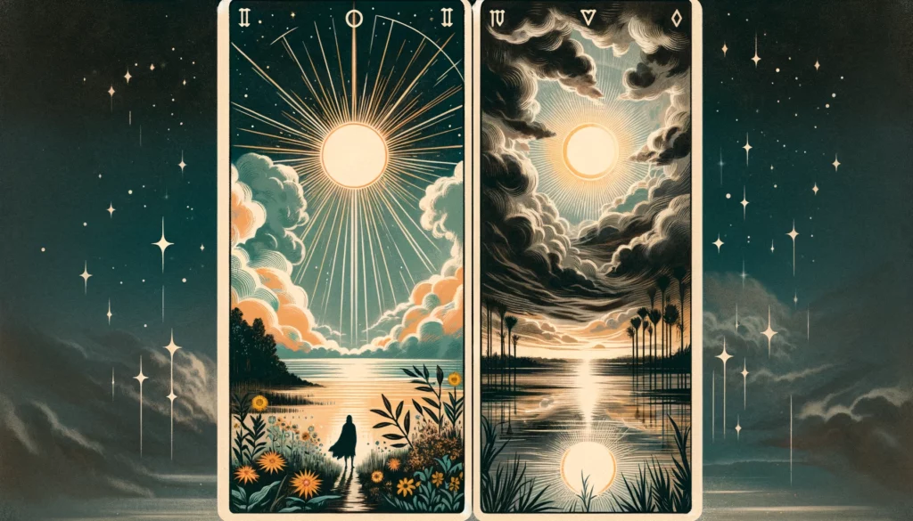  "Images reflecting the nuanced and hopeful energy of 'The Sun' Tarot card in reversed position for situational readings. Represents temporary setbacks, the need for clarity, and paths of reevaluation, highlighting the journey towards understanding and potential for rediscovery and renewal."