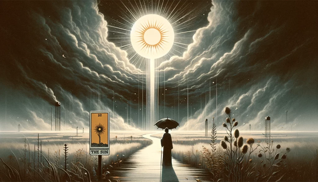  "Illustrations depicting the contemplative and optimistic essence of 'The Sun' Tarot card in its reversed position. Represents themes of temporary setbacks, the quest for inner clarity, and the rediscovery of joy. Highlights the introspective journey, the challenge of finding happiness within, and the potential for achieving deeper understanding and rekindled joy after a period of reflection."