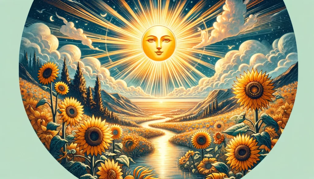 "Illustration portraying joy, success, and enlightenment with 'The Sun' Tarot card. Sets a vibrant and positive tone for your article, emphasizing its symbolism of abundance, vitality, and optimism."