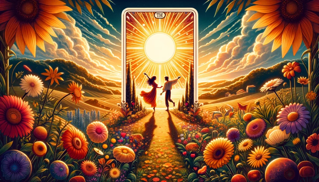 "Illustration representing ultimate joy, harmony, and success in a relationship with 'The Sun' Tarot card. Sets a blissful tone for your article, discussing auspicious signs for love, highlighting the thriving and joyous nature of relationships under a vibrant sun."






