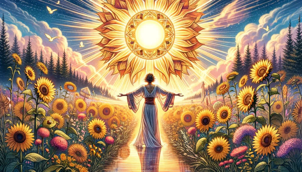 "Illustration reflecting the ultimate expression of joy, success, and enlightenment associated with 'The Sun' Tarot card. Sets an exuberant and luminous tone for your article discussing its representation of character traits, including personal achievement, happiness, and inspiration."
