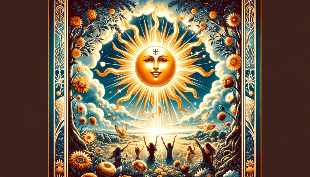 "Images portraying the exuberant and luminous energy of 'The Sun' Tarot card in situational readings. Represents joy, success, and enlightenment, emphasizing positive resolutions and celebrating life's blessings."