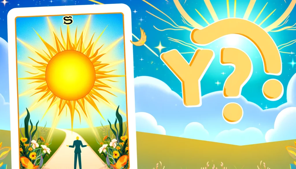 "Images reflecting the positive energy, certainty, and affirmation of 'The Sun' Tarot card in readings. Sets an uplifting tone for discussing its role as a definite 'yes' in yes or no tarot readings, emphasizing its link to positive outcomes and encouragement to pursue goals."