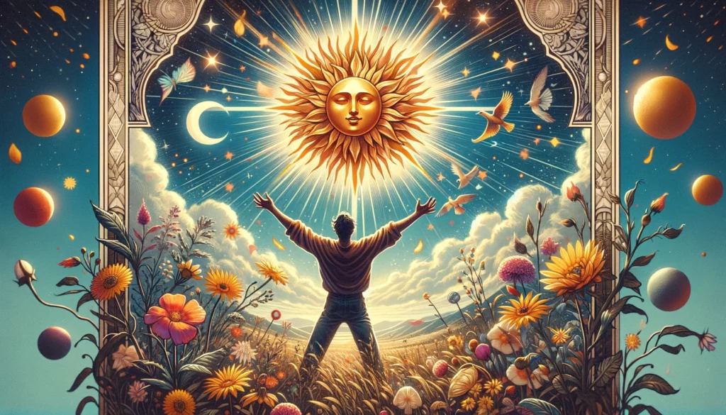 "Images reflecting the exuberant and luminous energy of 'The Sun' Tarot card, symbolizing ultimate joy, success, and enlightenment. Represents feelings of happiness, optimism, and the brightness of being, highlighting the celebration of life's blessings and the illumination of a clear path to emotional well-being."